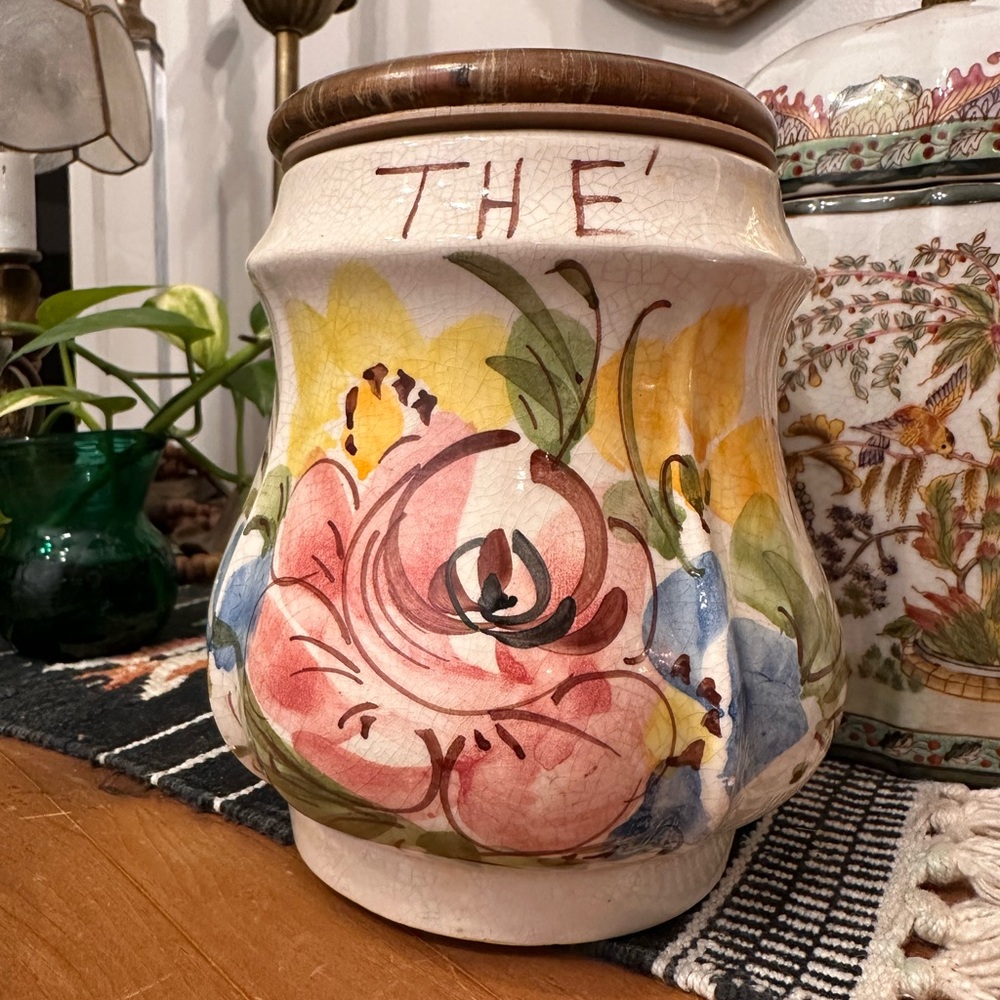 Vintage Antique French Hand Painted Floral Ceramic Tea Canister Stained Crazed